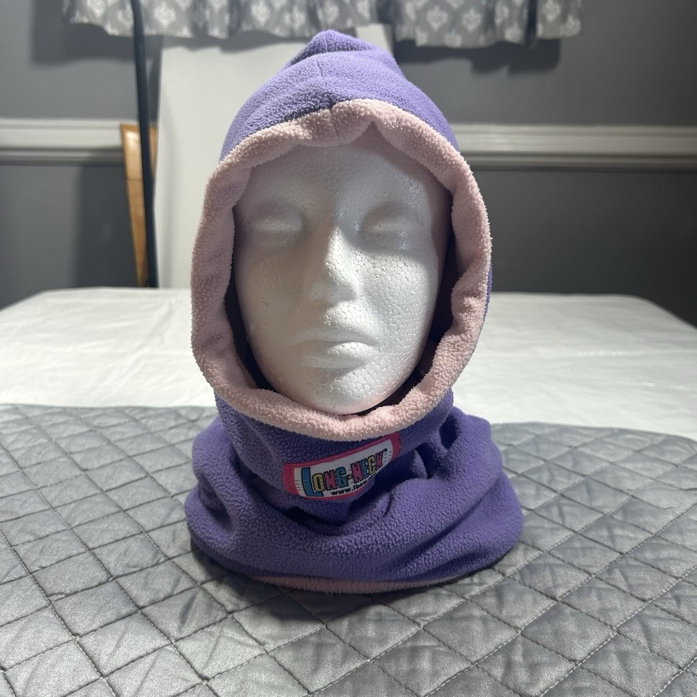 Vtg L-Bow Long-Neck Fleece Balaclava Hood Neck Warmer Purple Pink Kids Ski Mask